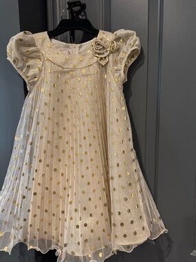 Jessica Ann Ivory and Gold Dot Girls Dress with Rosette